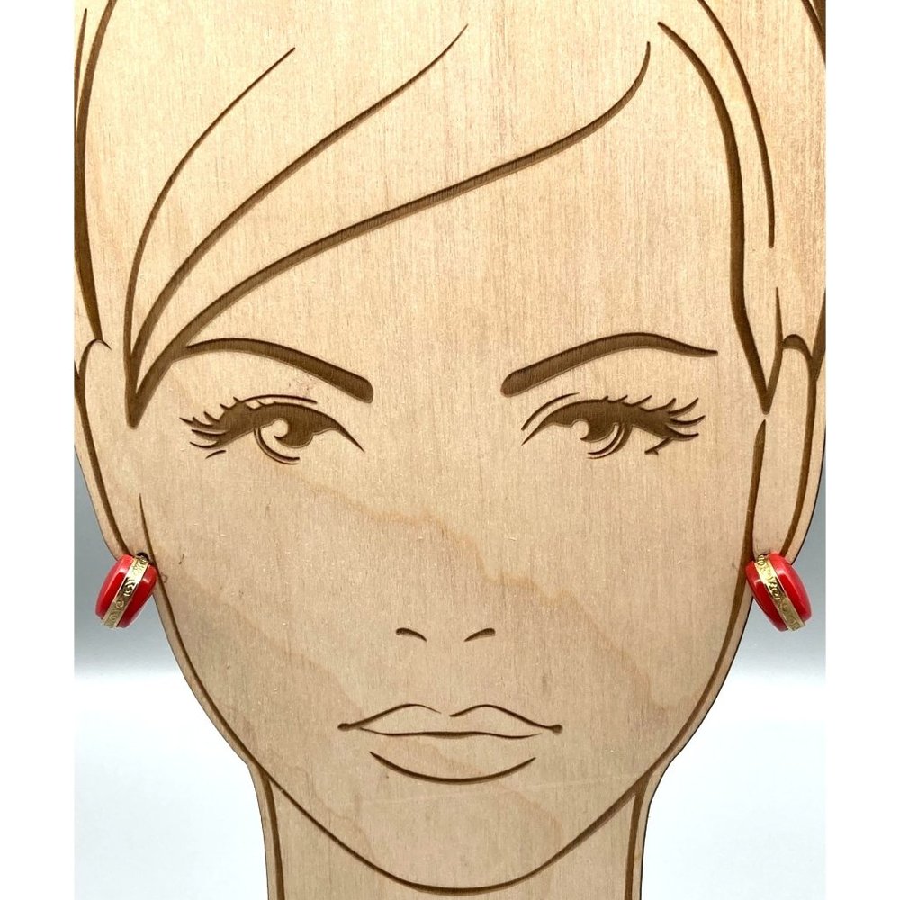 Unique Vintage Red and Gold Earrings, Bright Lucite Pie with Embossed Gold Band